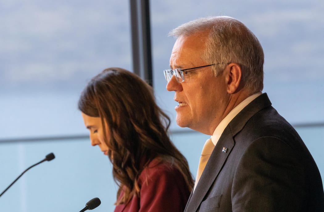 QUEENSTOWN, NEW ZEALAND - MAY 31: New Zealand Prime Minister Jacinda Ardern and Australian Prime Minister Scott Morrison during the Australia-New Zealand Leaders Meeting on May 31, 2021 in Queenstown, New Zealand.