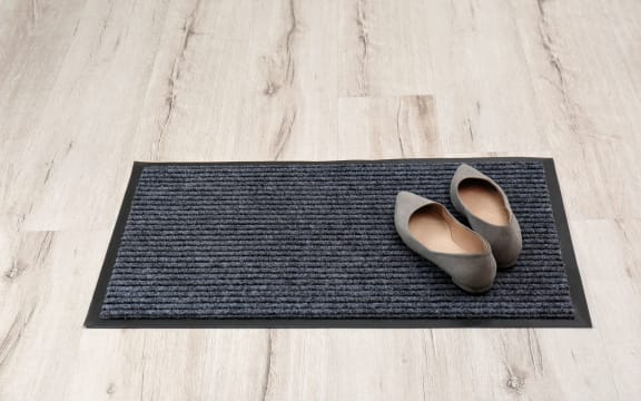 New clean doormat with shoes on floor. Space for text