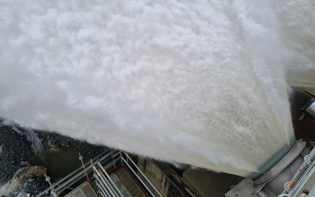 Water being discharged from a release valve at the Waimea Community Dam.