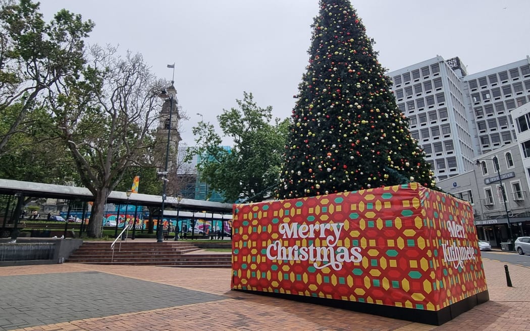 Dunedin's Christmas tree stands tall in the Octagon, bedecked in baubles and fairy lights.