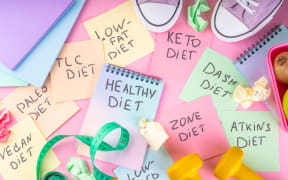 Diet choice concept with bright handwritten notes with names of trendy diets and healthy eating concept, with sneakers, tape measure, dumbbells on bright pink background.