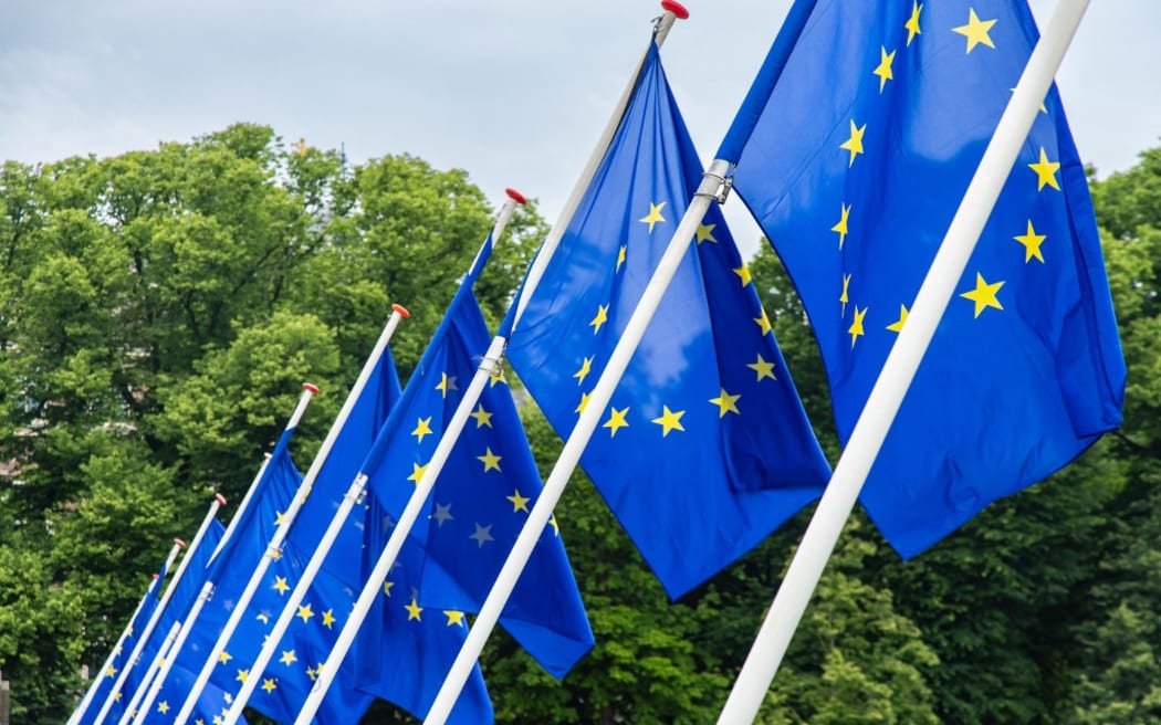 THE HAGUE - European flags hang at the Hofvijs to announce the elections for the European Parliament. ANP / Hollandse Hoogte / Sandra Uittenbogaart netherlands out - belgium out (Photo by Sandra Uittenbogaart / ANP MAG / ANP via AFP)