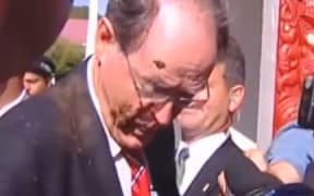 Then-National Party leader Don Brash has mud thrown at him by a protester at Waitangi's Te Tii Marae in 2004, days after his controversial speech at Orewa.