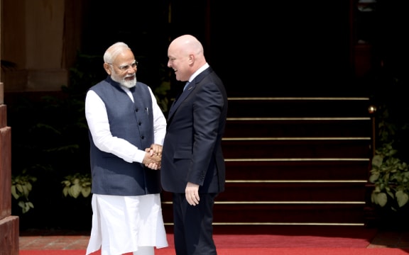 Christopher Luxon is welcomed by Indian PM Narendra Modi at Hyderabad House before bilateral talks in New Delhi.