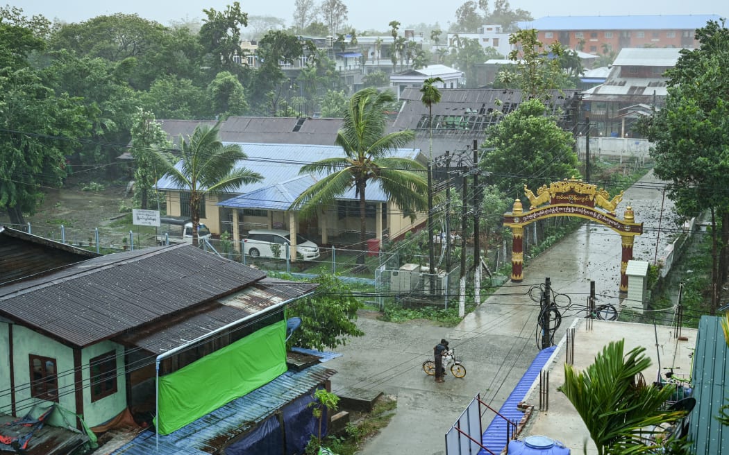 A street in Kyauktaw in Myanmar’s Rakhine state on 14 May, 2023, as Cyclone Mocha crashes ashore in Myanmar and southeastern Bangladesh on 14 May, 2023.