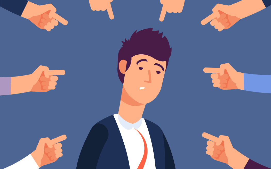 Bullying at work concept. Adult man get harassment by angry coworkers. Accus at office vector illustration. Victim person worker, stress on job, failure and unhappy