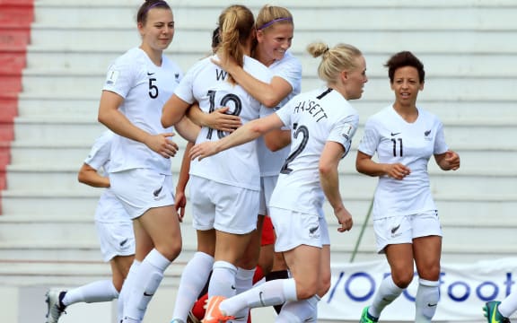 Football Ferns celebrating a goal