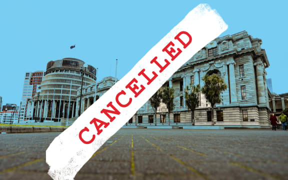 A cancelled sign pasted over Parliament