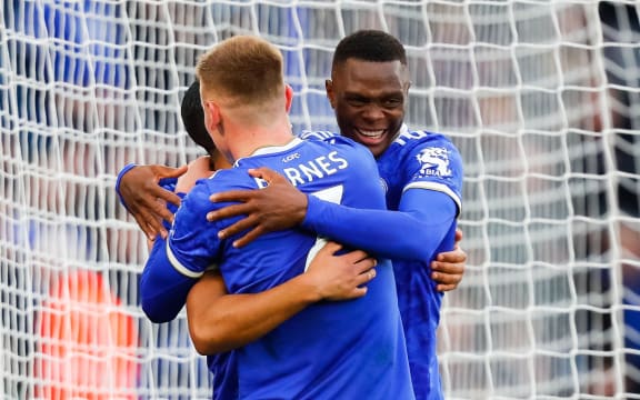 Leicester City players celebrate.