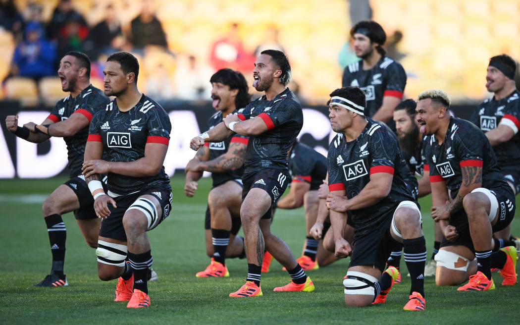 Māori All Blacks perform the haka against Manu Samoa at Mt Smart Stadium, Auckland, on 3 July 2021.