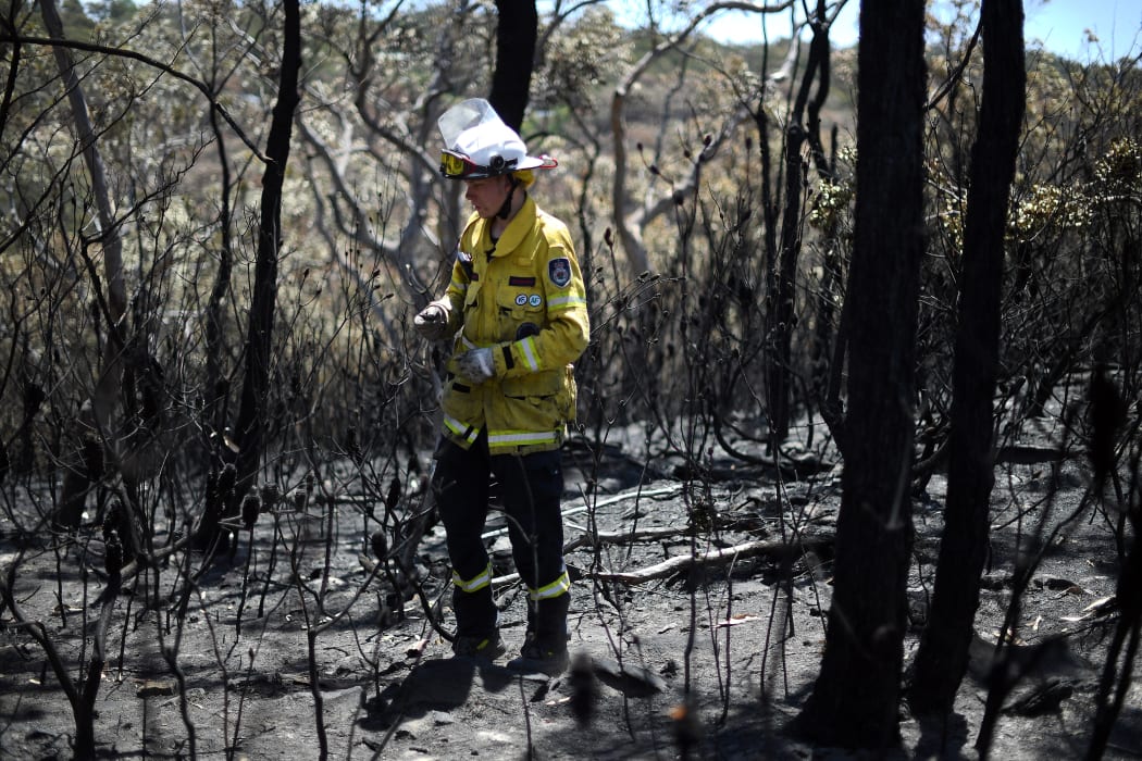 A firefighter proceeds to dose bush fire at the Woodford residential area in Blue Mountains on November 12.