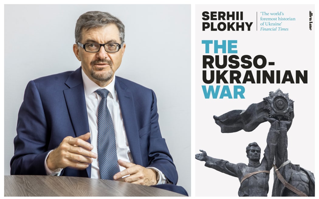 collage of photo on Serhii Plokhy and the cover image of his book The Russo-Ukrainian War