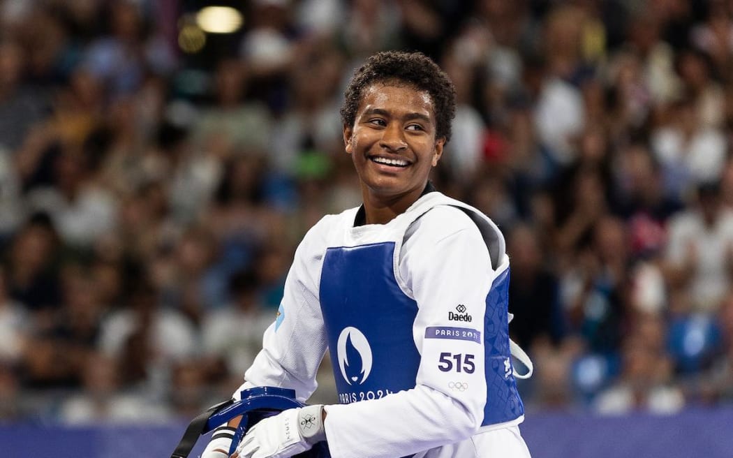 Lolohea Navuga Naitasi of Fiji put up a brave fight but was eventually beaten by Julyana Alsadeq from Jordan in the women’s -67kg taekwondo event. Kirk Corrie/ONOC