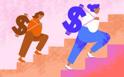 Women of different era climb stairs holding large dollar signs. Investment, savings, money, finances, goals