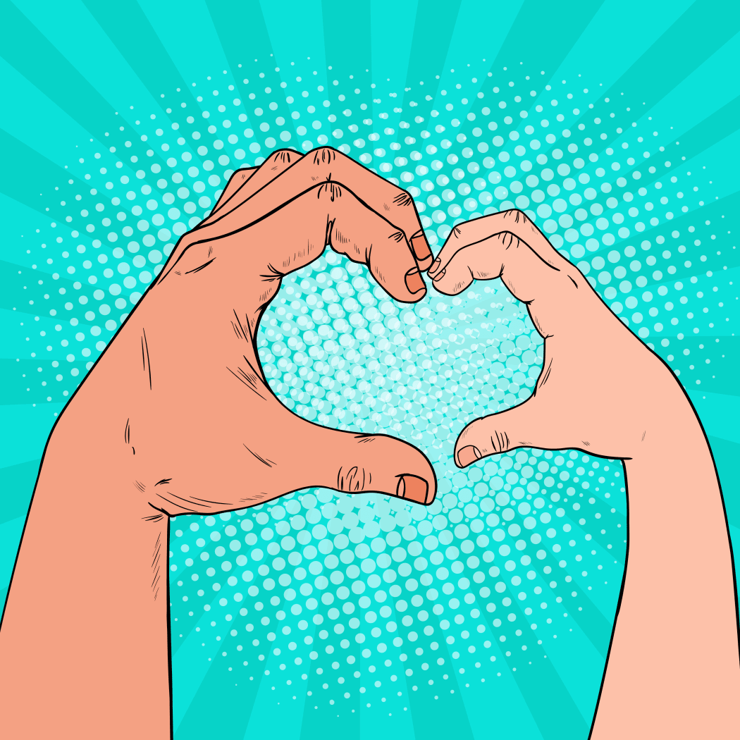 Pop Art Health Care, Charity, Children Donation Concept. Adult and Child Hands make Heart Shape. Vector illustration