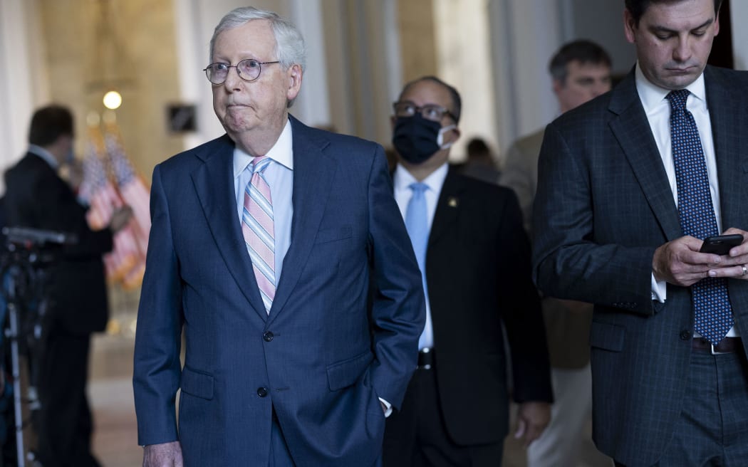 Senate Minority Leader Mitch McConnell (R-KY) leaves the weekly Republican policy luncheons on Capitol Hill on May 25, 2021 in Washington, DC.