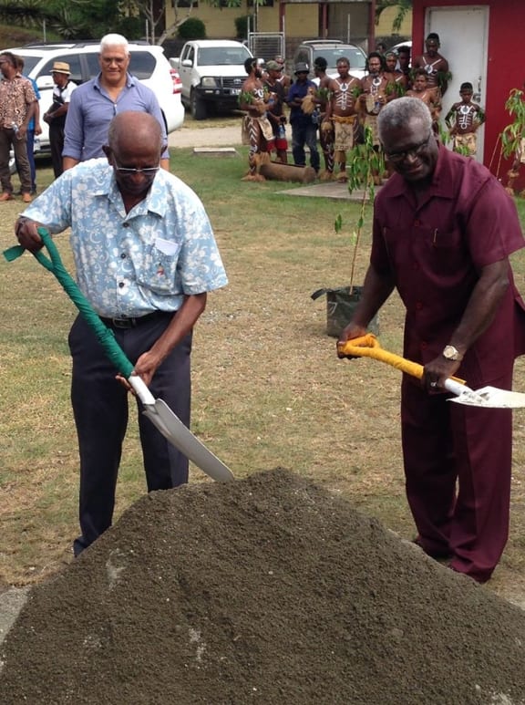 Pacific Games Council President Vidhya Lakhan and Solomon Islands PM,the Hon. Manasseh Sogavare, take a spade.