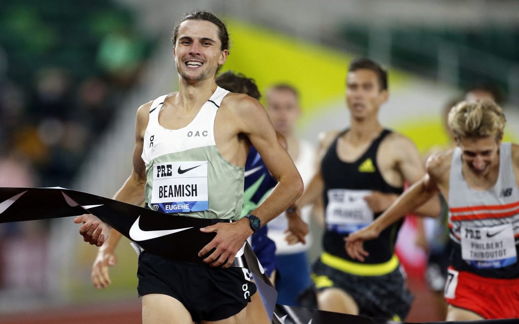 Geordie Beamish of New Zealand crosses the finish line to win the International Mile during the 2021 Prefontaine Classic in Eugene, Oregon.