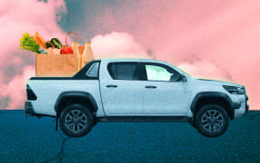 Toyota Hilux ute full of shopping bags in front of a cloudy dirty sky