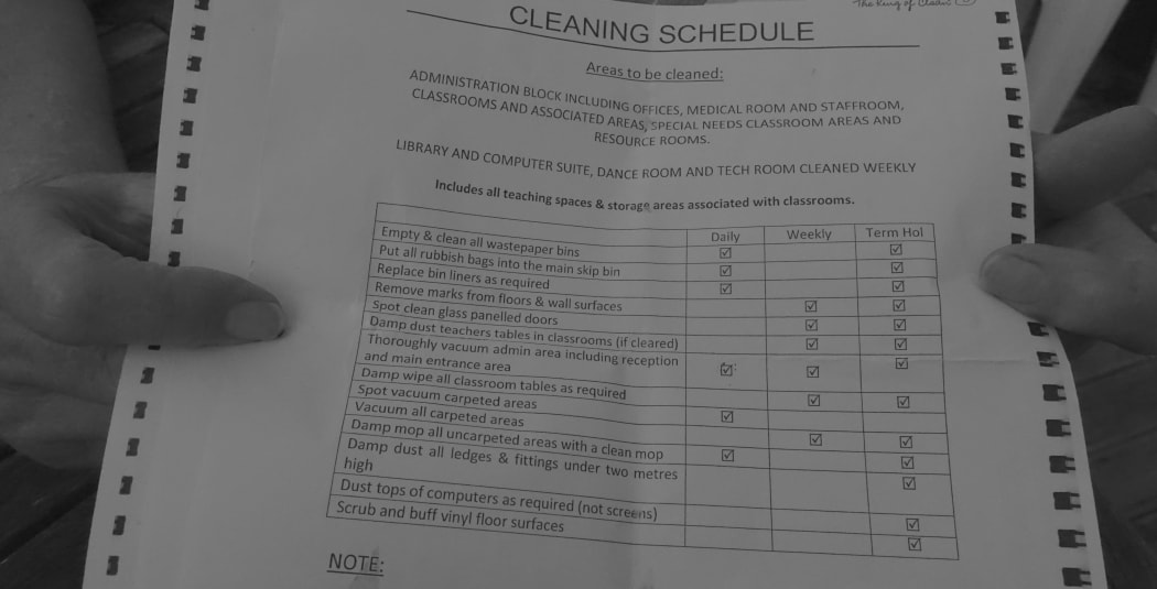 A black and white picture of a cleaning schedule outlining the jobs to be done to clean a school