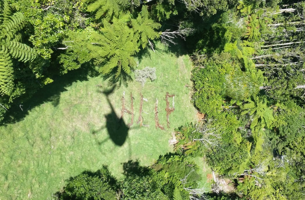 Carolyn Lloyd used rocks and sticks to write 'help', which was spotted by a helicopter crew searching for the missing mother and daughter.