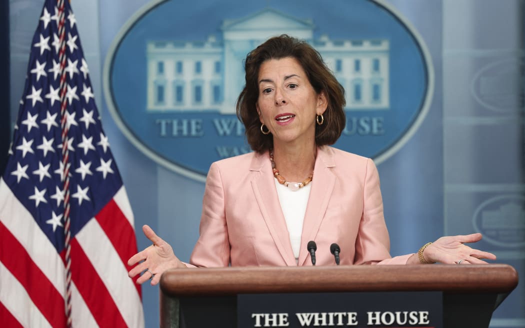 US Commerce Secretary Gina Raimondo speaks about the legislation to encourage the construction of microprocessor manufacturing facilities in the United States at a White House briefing.