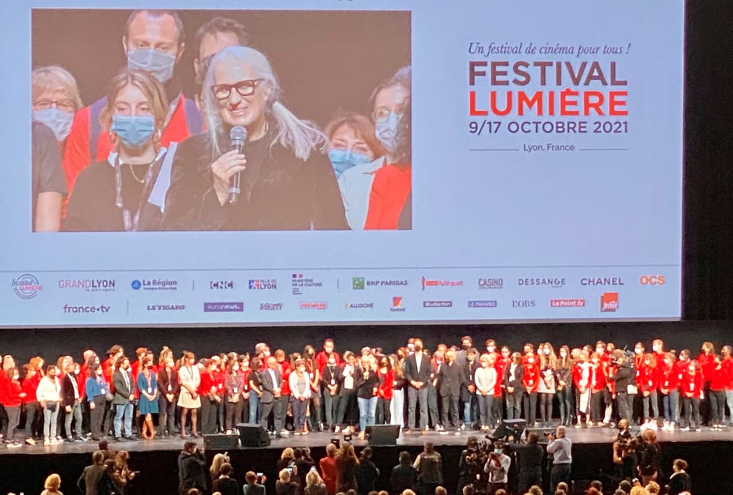 Jane Campion speaks to the audience at Lumière film festival in Lyon - she was awarded the Lumière Prize at the event