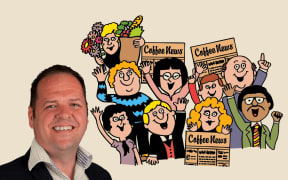 A composite image showing a headshot of Rudy smiling and the illustrated masthead of Coffee News, with cartoon people smiling and waving.
