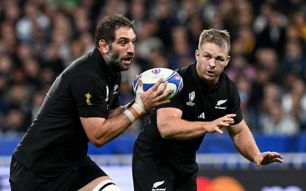 Sam Whitelock (left) and Sam Cane in action at the at the 2023 Rugby World Cup.
