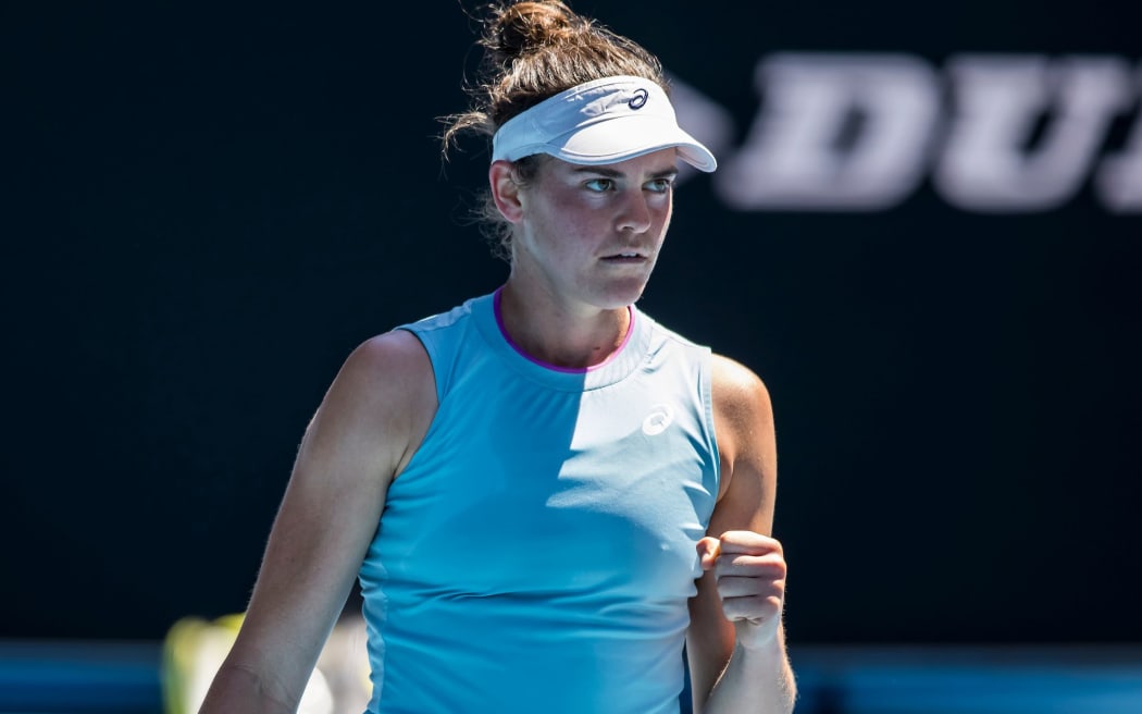 MELBOURNE, VIC - FEBRUARY 17: Jennifer Brady of the United States of America celebrates after winning a game during the quarterfinals of the 2021 Australian Open on February 17 2021, at Melbourne Park in Melbourne, Australia. (