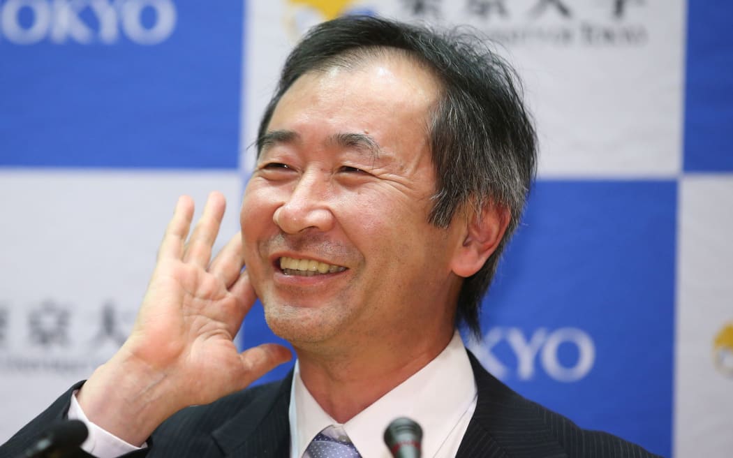 Takaaki Kajita, director of the University of Tokyo's Institute for Cosmic Ray Research, speaks at a press conference at the University of Tokyo in Bunkyo Ward, Tokyo on Oct. 6, 2015, after the announcement that the Nobel Prize in Physics 2015