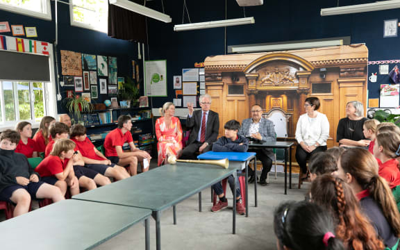 A Parliamentary Outreach delegation visits Westport South School, 28 November 2022. MPs from left to right: Helen White, Greg O'Connor, Adrian Rurawhe, Maureen Pugh, Jan Logie.