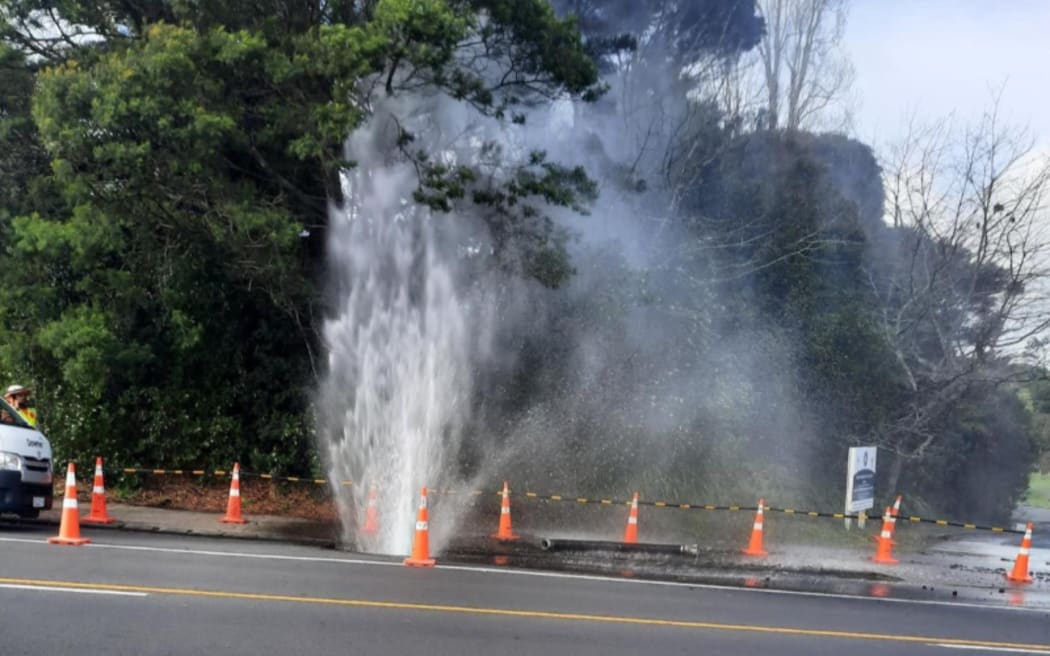 A watermain burst on Lake Road in Northcote on Auckland's North Shore causing low, or no water to Northcote, Northcote Point, Hillcrest and some of the Takapuna area. 11 June 2025.