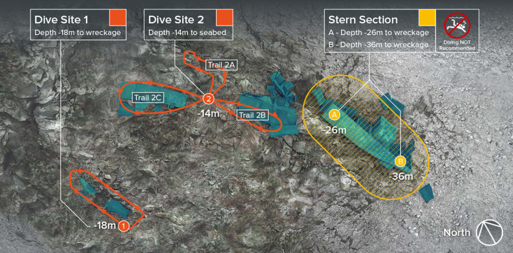 Plan view of sections of wreckage and two proposed dive sites.