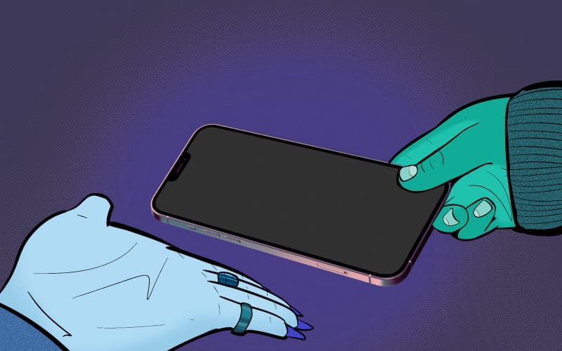 Person handing over a phone. Illustration image.