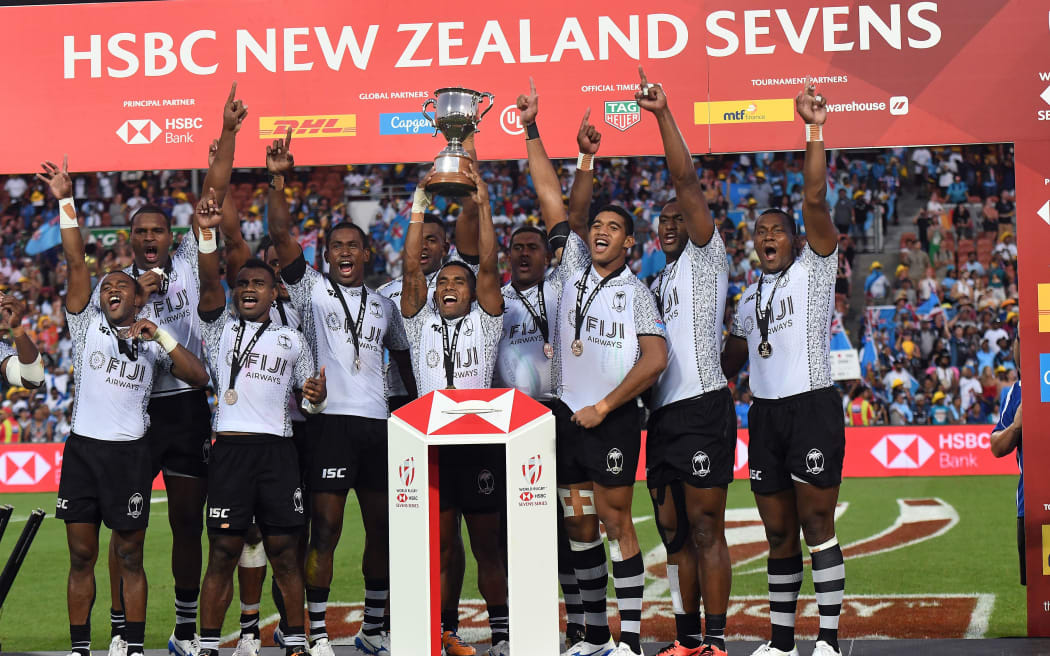 Members of the Fiji Team celebrate their win at the 2019 Hamilton rugby sevens.