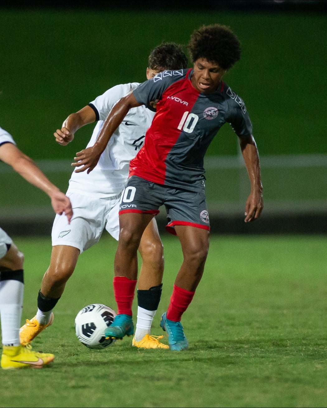 New Caledonia's Nolhann Alebate in action on Saturday.