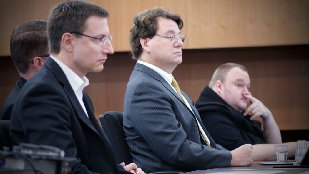 Kim Dotcom's US-based lawyer Ira Rothken (centre) in court as the main extradition hearing begins on 24 September 2014.