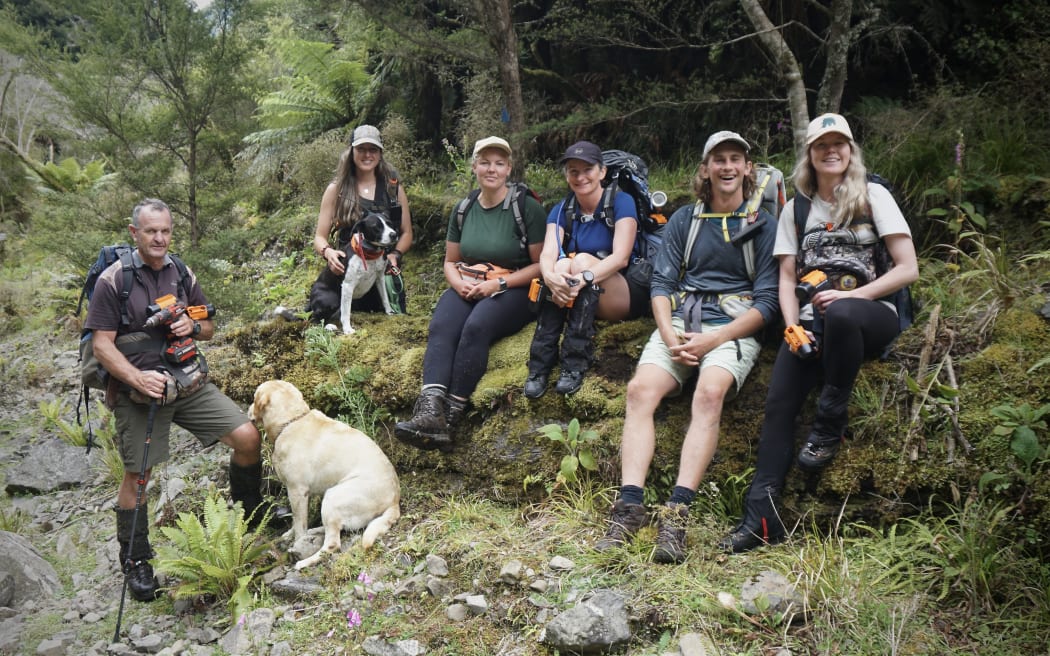 Six people and two dogs sit along a mossy embankment along the edge of an unseen river, with native bush in the background. The people are wearing hiking outfits and have backpacks on.