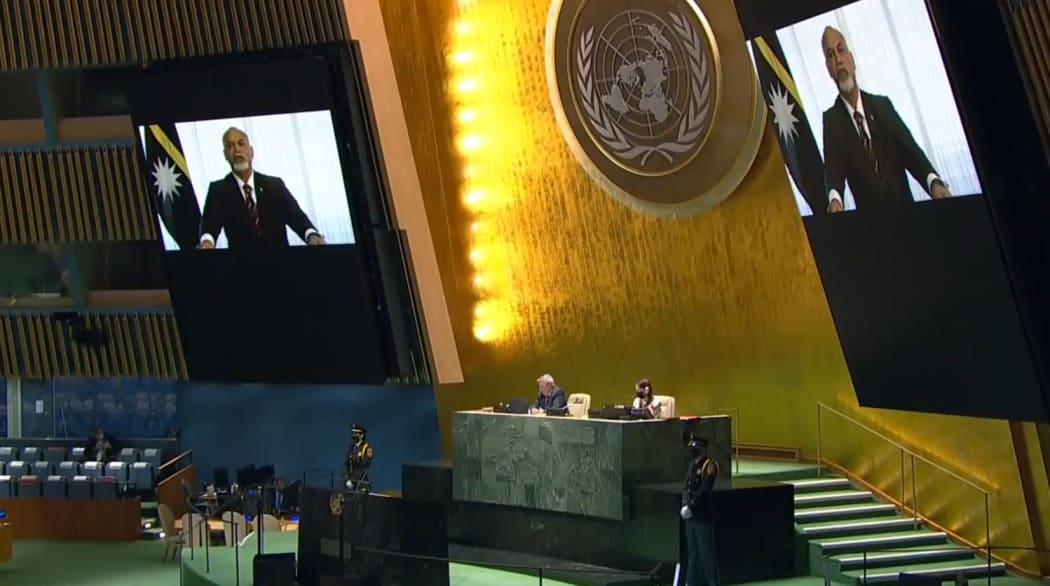 Nauru's President Lionel Aingimea addresses the UN General Assembly by video link, 23 September, 2021