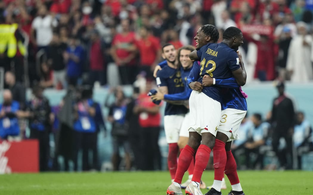 France players celebrate their FIFA World Cup Qatar 2022 semi final victory over Morocco at Al Bayt Stadium on December 14, 2022 in Al Khor, Qatar.