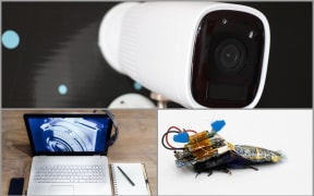 Surveillance cameras, laptop, cyborg cockroach