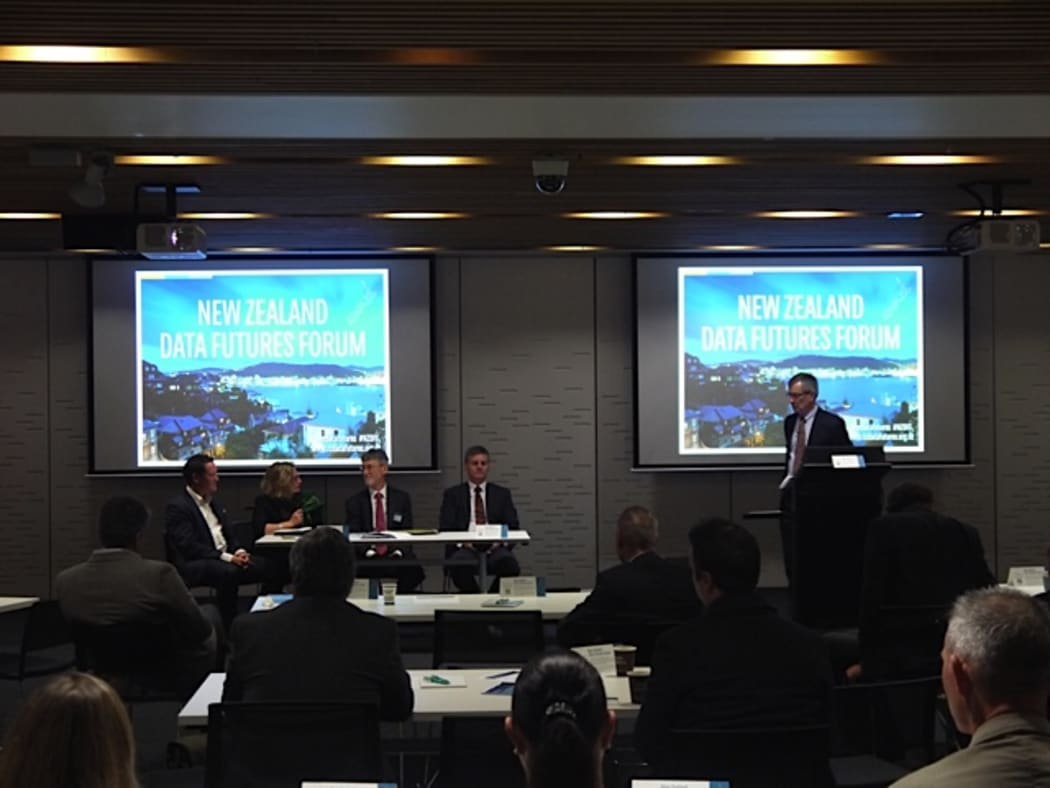 NZ Data Futures Forum members Stephen England-Hall, Evelyn Wareham and John Whitehead with Minister of Finance Bill English and moderator Rod Oram (L-R), at an event in Auckland in June 2014.