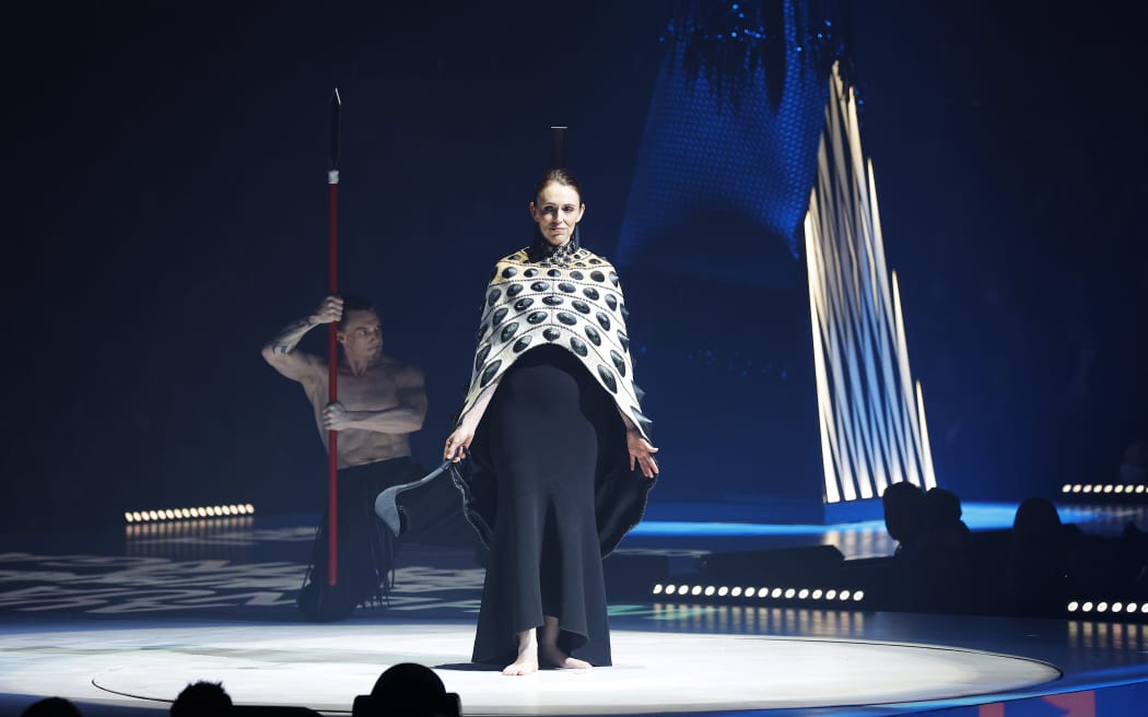 Digitally Grown by Dylan Mulder of New Zealand is worn by Jacinda Ardern, Prime Minister of New Zealand during the 2022 World of WearableArt Awards at TSB Bank Arena in Wellington.