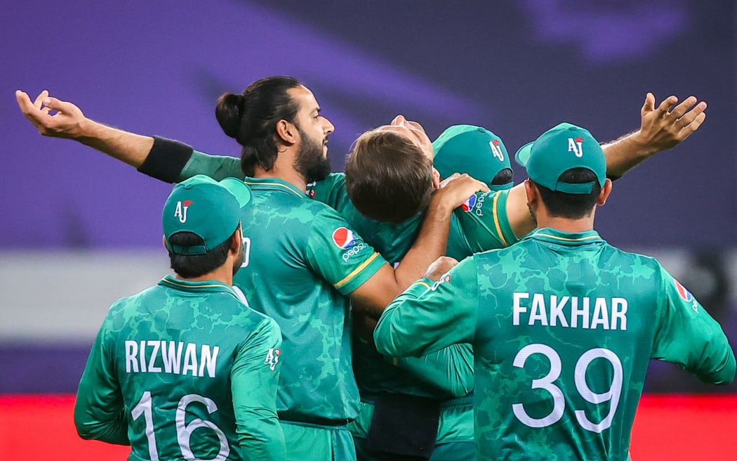 Pakistan's Shaheen Shah Afridi celebrates with team mates.