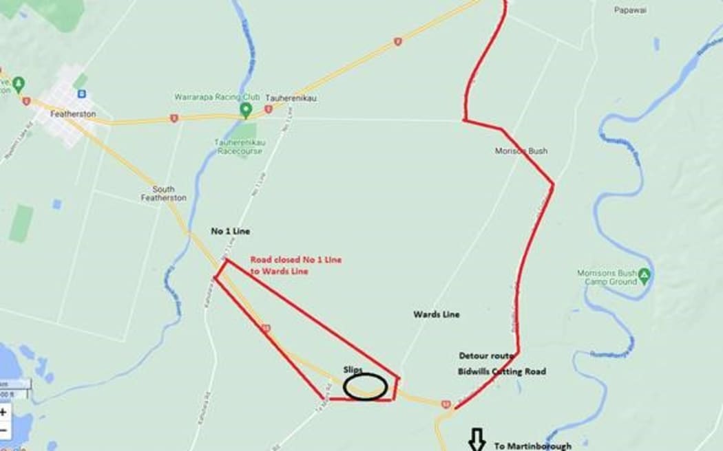 A map indicating that State Highway 53 is closed between No 1 Line and Wards Line in Wairarapa.