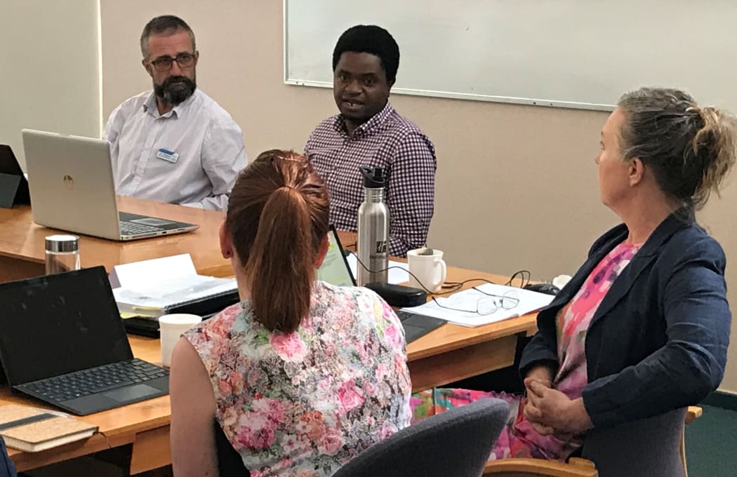 KDC staff Jim Sephton, general manager- infrastructure services, Donnick Mugutso, waters and waste manager, with councillor Victoria del la Varis-Woodcock and Eryn Wilson-Collins attend Wednesday's meeting.