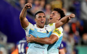 Erin Clark of the Titans celebrates on full-time during the round eight NRL match between New Zealand Warriors and Gold Coast Titans.