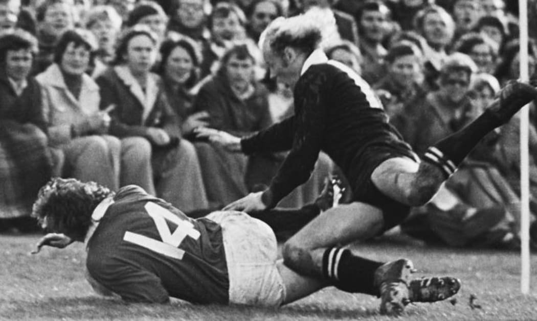 The Lions' JJ Williams touches down for a try v the All Blacks, 1977 Lions tour of New Zealand.