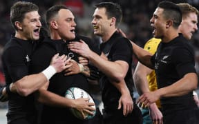 The All Blacks celebrate an Israel Dagg try.